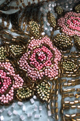 Extraordinary 1920s 3D Pink & Gold Floral Beaded Blue Flapper Dress