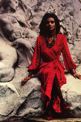 1985 Yves Saint Laurent Red Crushed Velvet Wrap Plunge Dress
