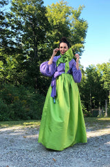 Spring 1978 Bill Blass Crisp Bright Green Silk Taffeta Skirt & Purple Silk Top Dress Set