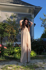 Fall 1994 Bill Blass Sand Coloured Silk Crepe Gathered Front Halter Dress