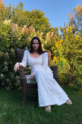 1970s Stavropoulos White Applique & Ivory Net Full Length Sheath Dress