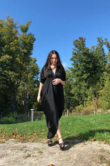 c1976 Halston Black Draped Plunge Front Caped Back Jersey Dress