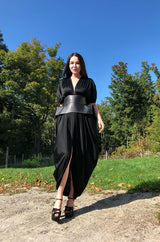 c1976 Halston Black Draped Plunge Front Caped Back Jersey Dress