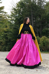 Fall 1977 Bill Blass Couture Full Pink Silk Satin Skirt & Black Top Dress Set