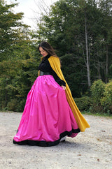 Fall 1977 Bill Blass Couture Full Pink Silk Satin Skirt & Black Top Dress Set