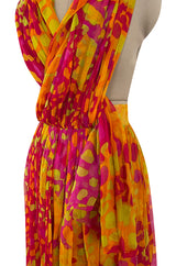 Spring 1967 Pauline Trigere Vogue Documented Printed Silk Chiffon Jumpsuit w Multi Way Front