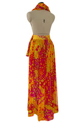 Spring 1967 Pauline Trigere Vogue Documented Printed Silk Chiffon Jumpsuit w Multi Way Front