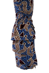 Resort 1983 Yves Saint Laurent Blue Printed Cotton Hip Swag Sarong Dress