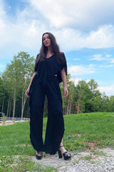 1970s Holly's Harp Black Jersey Ruffled Edge Pant & V Front Top Set