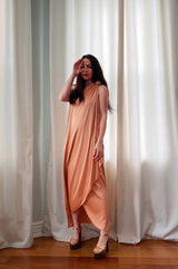 1981 Bill Tice Nude Peach Colour One Shoulder Dress w Gold Detailing