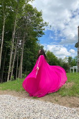 1980s Elaborate Crystal Covered Vibrant Pink Chiffon Caftan Dress