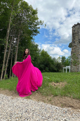 1980s Elaborate Crystal Covered Vibrant Pink Chiffon Caftan Dress