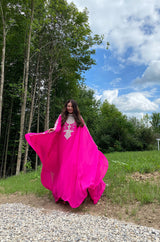 1980s Elaborate Crystal Covered Vibrant Pink Chiffon Caftan Dress