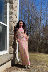 1960s Kiki Hart Silver, Gold & Pink Silk Brocade Dress w Rhinestone Detailing