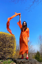 Spring 1973 Halston Bright Tangerine Striped Silk Chiffon Caftan w Sash