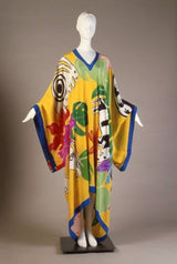 Spring 1982 Oscar de la Renta Blue Floral Silk Caftan Dress w Red Edging Detail