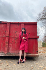 Mid 1950s Christian Dior London Demi-Couture Raspberry Printed Silk Coat & Dress Set