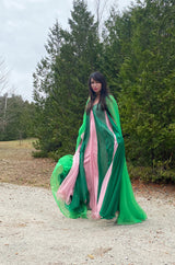 1960s Unlabeled Multiple Layered Pink & Green Chiffon Swing Maxi Dress