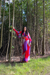 1970s Hanae Mori Full Sleeve Red & Purple Silk Chiffon Maxi Dress