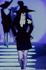 Runway Spring 1997 Thierry Mugler Fitted Black Dress w Extravagant Ruffled Silk Bodice