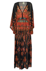 Incredible 1970s Gottex Plunging Light Print Nylon Caftan Dress