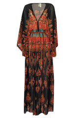 Incredible 1970s Gottex Plunging Light Print Nylon Caftan Dress