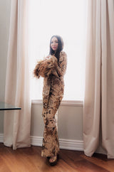 c.1976 Bill Blass Couture Metallic Gold Lurex Knit Dress w Feather Cuffs