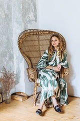 2018 Zazi Handmade Vintage Green & Ivory Cotton Ikat Caftan Dress