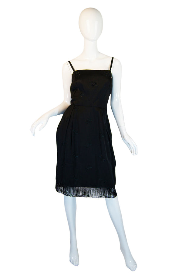 1950s Bead Fringe Hem Silk Wiggle Dress