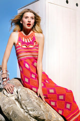 Prettiest Resort 2012 Christian Dior Hand Crocheted Pink & Orange Geometric Halter Dress