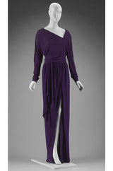 Iconic 1976 Halston Glossy Gunmetal Black Sequin Asymmetrical Full Length Dress