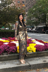 Fall 1990 Oscar de la Renta Printed Metallic Silk Dress w Brass Bell Edging