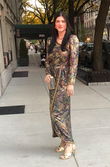 Fall 1990 Oscar de la Renta Printed Metallic Silk Dress w Brass Bell Edging