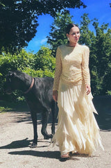 1970s Stavropoulos Cream Beaded Lace & Silk Chiffon Ivory Dress