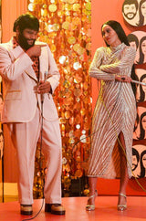 1980s Bob Mackie Ivory Sequin & Nude Stretch Net High Slit Dress