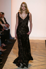 Documented Fall 2004 Richard Tyler Brown Printed Floral Velvet & Beaded Dress w Train & Plunge Back