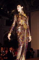 Fall 1990 Oscar de la Renta Printed Metallic Silk Dress w Brass Bell Edging