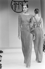 Runway Fall 1988 Mary McFadden Couture Red Pleated Dress w Gold Edged Ruffle Detailing