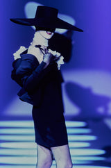 Runway Spring 1997 Thierry Mugler Fitted Black Dress w Extravagant Ruffled Silk Bodice