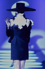 Runway Spring 1997 Thierry Mugler Fitted Black Dress w Extravagant Ruffled Silk Bodice