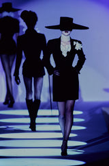 Runway Spring 1997 Thierry Mugler Fitted Black Dress w Extravagant Ruffled Silk Bodice