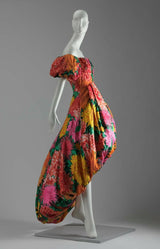 Brilliant Spring 1987 Arnold Scaasi Off Shoulder Silk Twill Floral Dress w Pouf Skirts