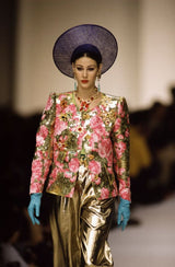 Incredible Spring 1993 Yves Saint Laurent One Shoulder Gold Floral & Peach Dress