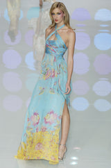 Spring 2004 Valentino Runway Pale Turquoise Silk Chiffin Print Dress