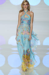 Spring 2004 Valentino Runway Pale Turquoise Silk Chiffin Print Dress