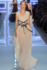 Spring 2012 Christian Dior Runway Ivory Silk Chiffon Dress w Black Beaded Bow Detail