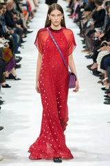 Prettiest Spring 2018 Valentino Runway Red Silk Chiffon Dress w Fused Velvet Rose Print