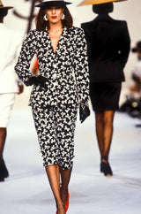S/S 1987 Yves Saint Laurent Bow Print Silk Ruffle Dress