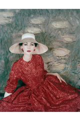 Mid 1950s Christian Dior London Demi-Couture Raspberry Printed Silk Coat & Dress Set