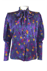 1980s Emanuel Ungaro Unusual Sleeve Purple Print Silk Top w Tie
